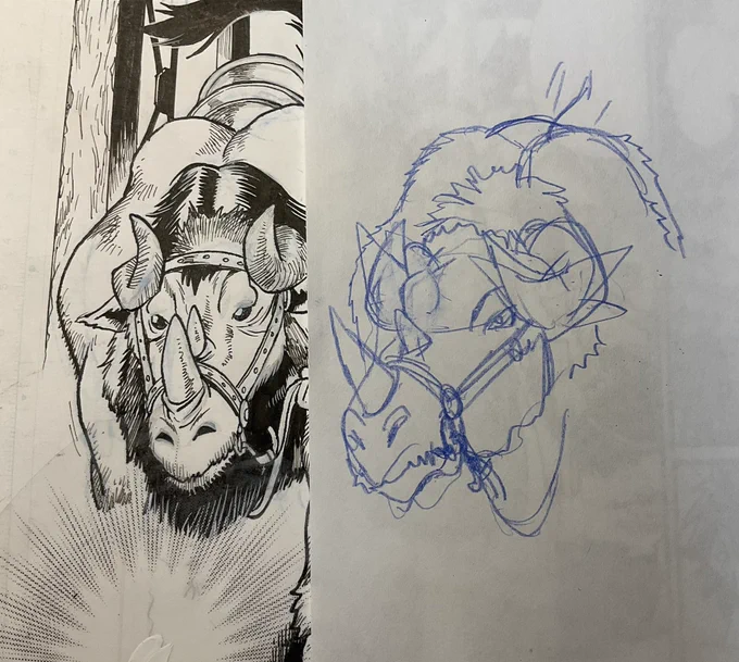 単行本の直しを連載の仕事と並行で進めているが、連載時に時間がなくて適当に描いてた馬らしき生物をアナログスキル「切り貼り」で修正する。その昔は修正したい部分を切り抜き、裏から紙を当てがって描くのが常道だったが私は上からコピー紙貼って描き足す方法で。元絵と慣らしやすいんですよね。 