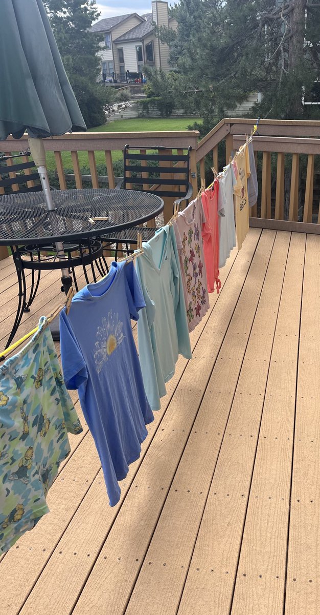 Curran4's tweet photo. Why is it that someone will drive an EV that is powered by electricity from and coal power plant and strip mined to build the lithium battery but they won’t dry their clothes on a good ol’ fashion makeshift clothes line when it is 90 and 23% humidity? https://t.co/n1GiCJ4t62