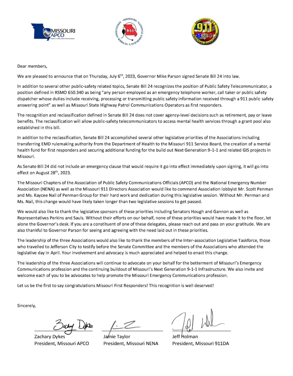 Release from <a href="/MOAPCO/">Missouri APCO</a>, MO-NENA &amp; MO 911 Directors re: SB 24, reclassifying telecommunicators as first responders, inc. special thanks to <a href="/lincolnhough/">Lincoln Hough</a> <a href="/votegannon/">Elaine Gannon</a> Rep Perkins <a href="/RobertESauls/">Robert Sauls</a>.  The recognition that telecommunicators have earned and deserve. FIRST first responders.