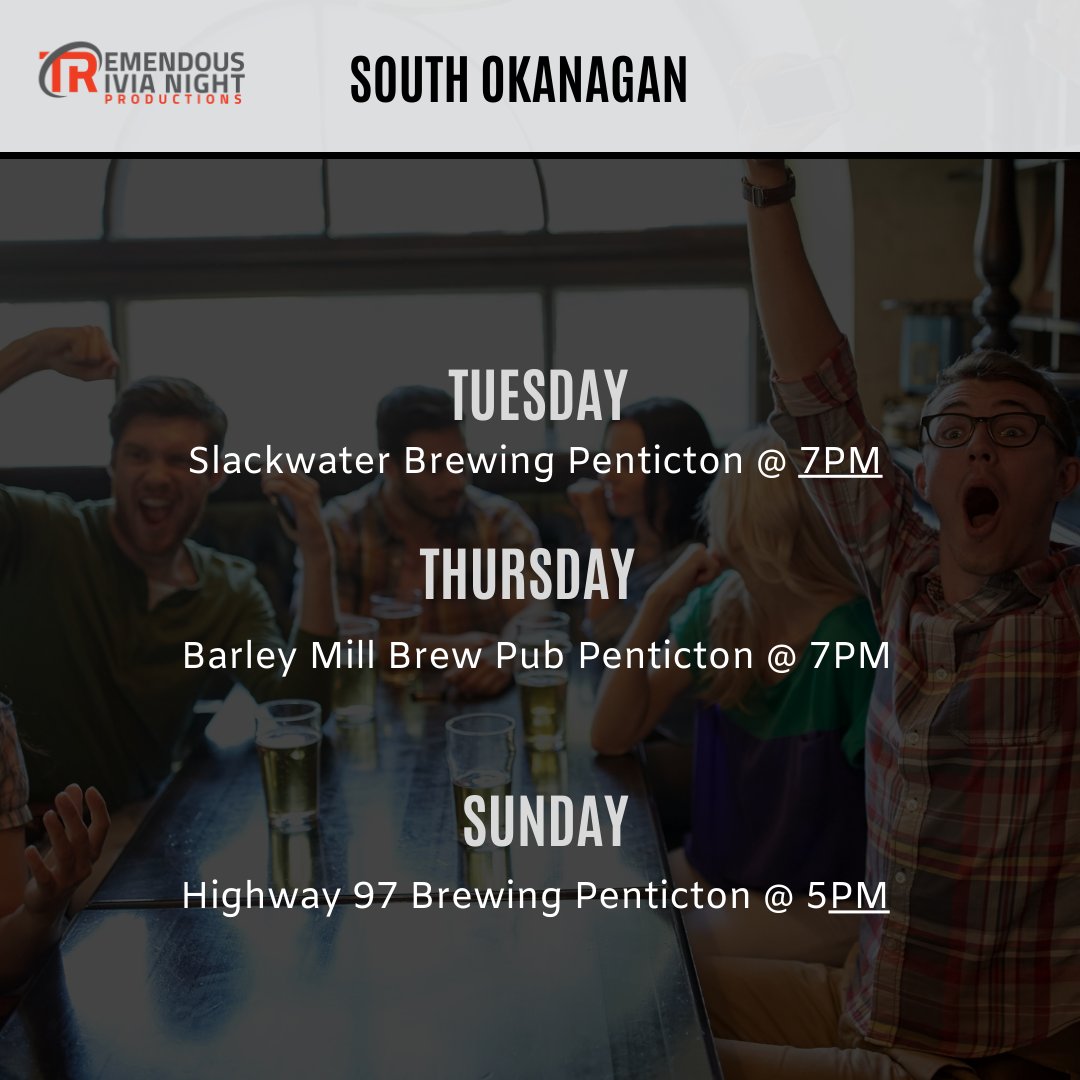 tremendoustriv's tweet photo. Here is our weekly summer schedule for our #Okanagan and B.C. trivia nights! It's always free to play with purchase, and you're eligible for some fabulous prizes courtesy of our venue partners. Make Tremendous Trivia part of your social calendar this year! #trivianight #bctrivia https://t.co/z6D0OsPOh4