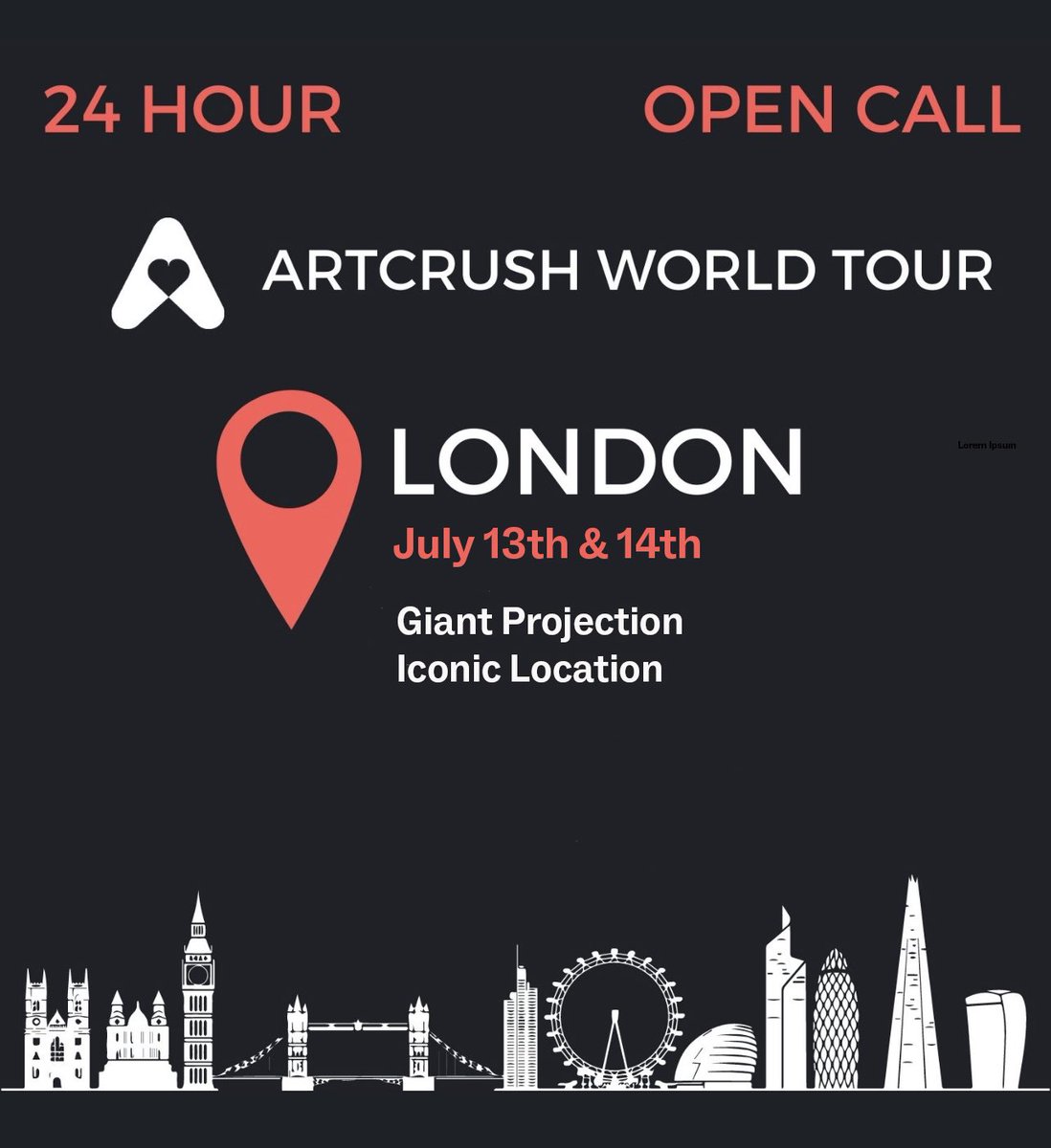 🚨📣24 HOUR OPEN CALL📣💥

⚡️We have FOUR spots available in LONDON for THE ARTCRUSH WORLD TOUR 🇬🇧

📥 To ENTER:

🖼️ Submit your best piece on this tweet

🚥 Landscape format only

🔁 RT + TAG 3 friends

❤️ Follow <a href="/artcrushgallery/">Artcrush</a>

4 WINNERS: 1 Non-Member &amp; 3 Members