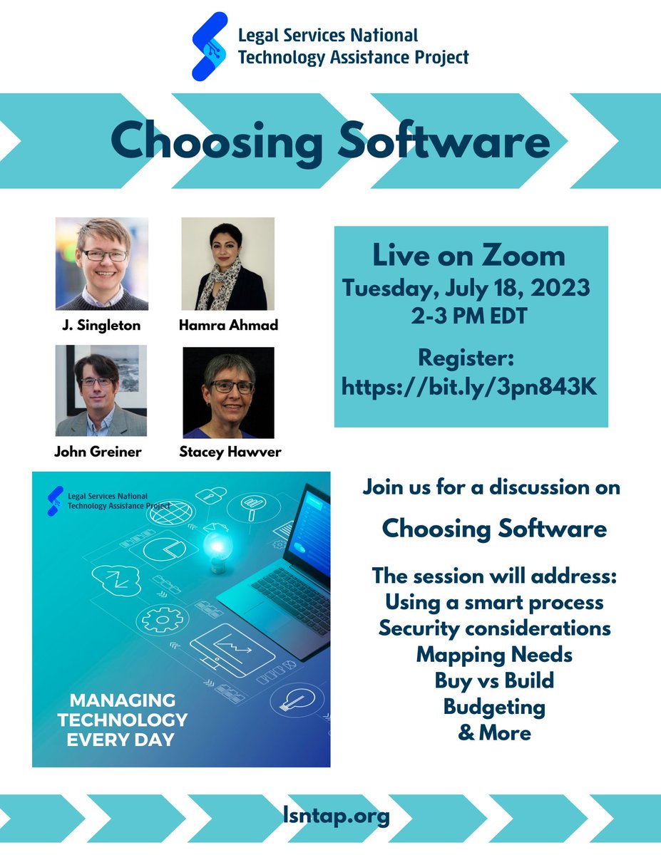 LSNTAP (@lsntap) on Twitter photo Join us for Choosing Software on Tues, July 18th, 2 pm EDT. Speakers include J. Singleton of <a href="/State_SupportMN/">State Support</a> , Hamra Ahmad of <a href="/herjusticenyc/">Her Justice</a> , M. Stacey Hawver of <a href="/LegalAidSMC/">Legal Aid SMC</a> , and John Greiner of <a href="/Just_Tech_LLC/">@Just-Tech</a>, LLC. Register: bit.ly/3pn843K Join us for Choosing Software on Tues, July 18th, 2 pm EDT. Speakers include J. Singleton of <a href="/State_SupportMN/">State Support</a> , Hamra Ahmad of <a href="/herjusticenyc/">Her Justice</a> , M. Stacey Hawver of <a href="/LegalAidSMC/">Legal Aid SMC</a> , and John Greiner of <a href="/Just_Tech_LLC/">@Just-Tech</a>, LLC. Register: bit.ly/3pn843K
