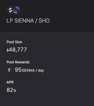 Searching for #yield 🤔? Look no further 🛑

#SiennaSwap #APRs Showcase:

🔥 $SIENNA single-sided staking pool - 18% APR 🚀
🔥 $SIENNA / $ATOM - 150% APR 🦄
🔥 $SIENNA / $ETH - 183% APR 🦄
🔥 $SIENNA / $OSMO - 144% APR 🦄
🔥 $SIENNA / $SHD - 82% APR 🚀 

#IBCGang #DeFi #Cosmos