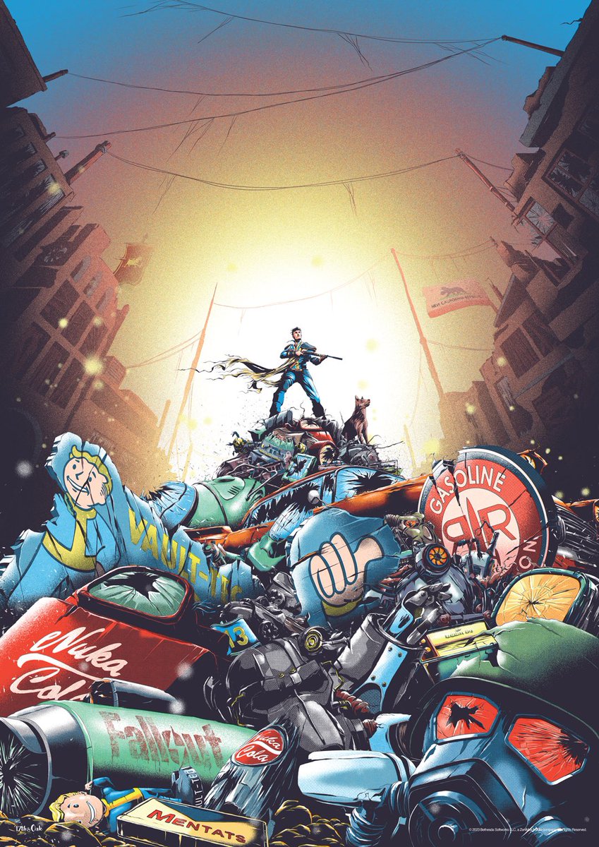 New Official  #Fallout #art #prints are. ow available!

I LOVED drawing this piece. So much fun putting together the pile of Fallout references. Can you spot them all? 

Limited run of only 100. Official <a href="/BethesdaStudios/">Bethesda Game Studios</a> merchandise.

Get yours here - 
17thandoak.com/shop