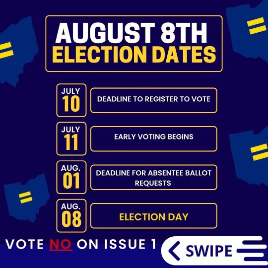 Are you registered to vote NO on August 8th to protect LGBTQ+ rights, reproductive rights, and the rights of citizen-led ballot initiatives? Today is the deadline to register. Learn more at voteohio.gov