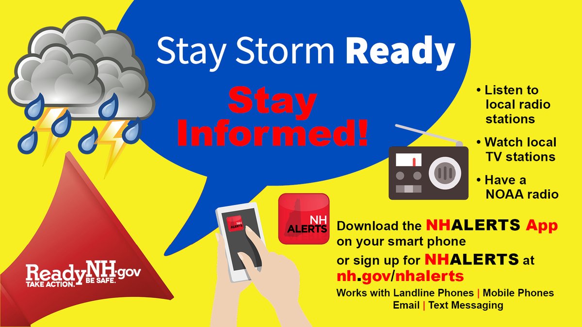 STAY INFORMED: As heavy rains continue to cause flooding in communities across the state, make sure you have a way to stay informed.

Monitor local media 📺 📻
Check local forecasts onyour smartphone 📱
Download &amp; sign up for NH Alerts ⚠️

#BeSafe #BePrepared #NHwx #ReadyNH