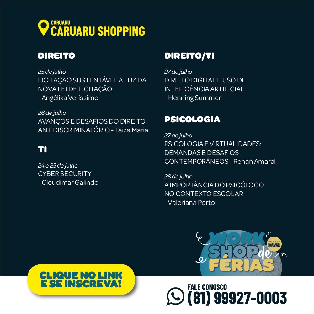 De 24 a 28 de julho, das 19h às 22h,Workshops nas áreas de Direito, Psicologia e TI. Informe-se em conteudo.novaroma.edu.br/comunidades

#FaculdadeNovaRoma #FNR #NovaRomaRecife #Recife #NovaRomaCaruaru #Caruaru #Workshop #Férias #CursoDeFérias #Direito #Psicologia #TI #Tecnologia #Tech