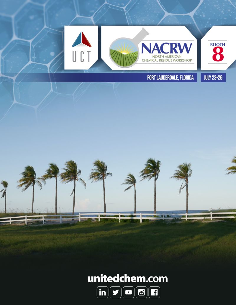 Join UCT at #NACRW2023
Booth 8 / 7/23-7/26 in Ft Lauderdale, Florida
Talk to us about #PesticideAnalysis solutions, #QuEChERS based methods for #VeterinaryDrugs, #Pesticides and #PCBs, and UCT's expanding Food/Enviro product line. lnkd.in/e9hi3vP5