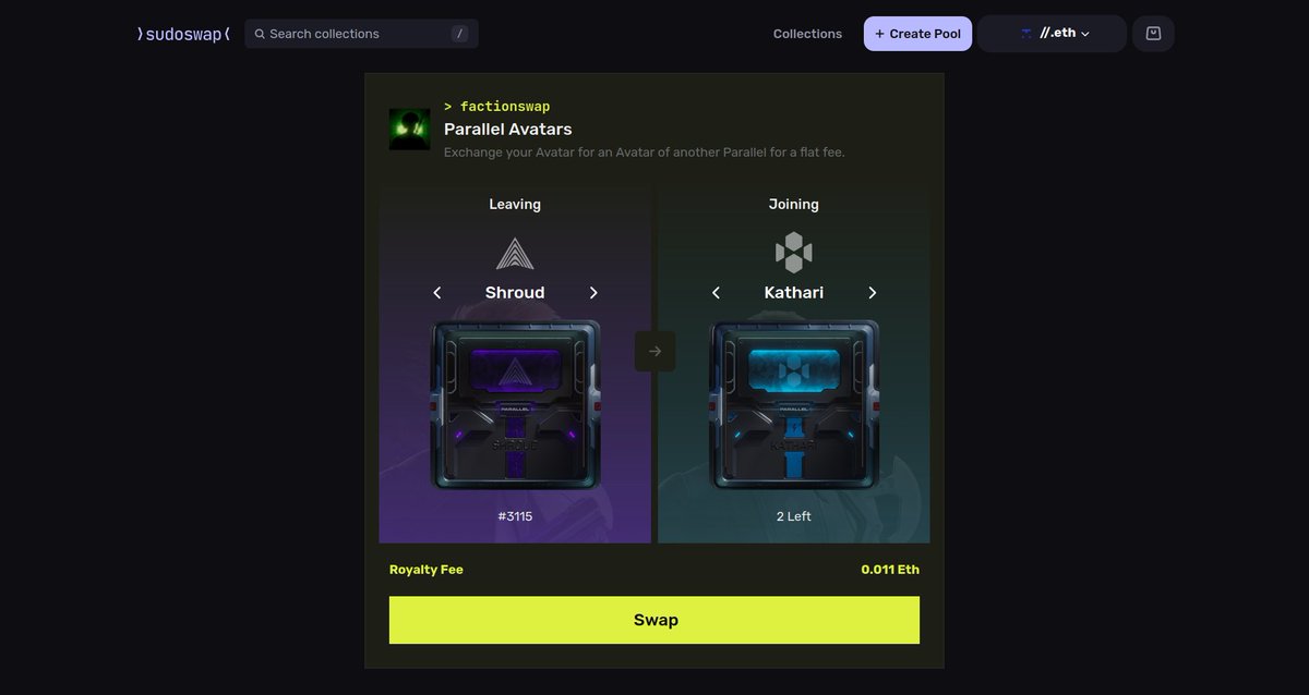 introducing factionswap >s<

want to trade your <a href="/ParallelTCG/">Parallel</a> Avatar for another faction?

factionswap lets you trustlessly exchange your Avatars for a flat fee!

how does it work? read on ⬇️