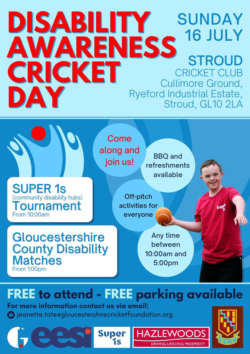 Disability Awareness Cricket Day 🏏 Sunday 16th July. From 10am 🏏 at @Stroud_Cricket GL10 2LA 🏏 Everyone welcome 🏏 Come & see @GlosCricketFdn a county disability teams & @Super1s_Glos in action 🏏Fun activities 🏏 Refreshments available 🏏 Free entry & parking