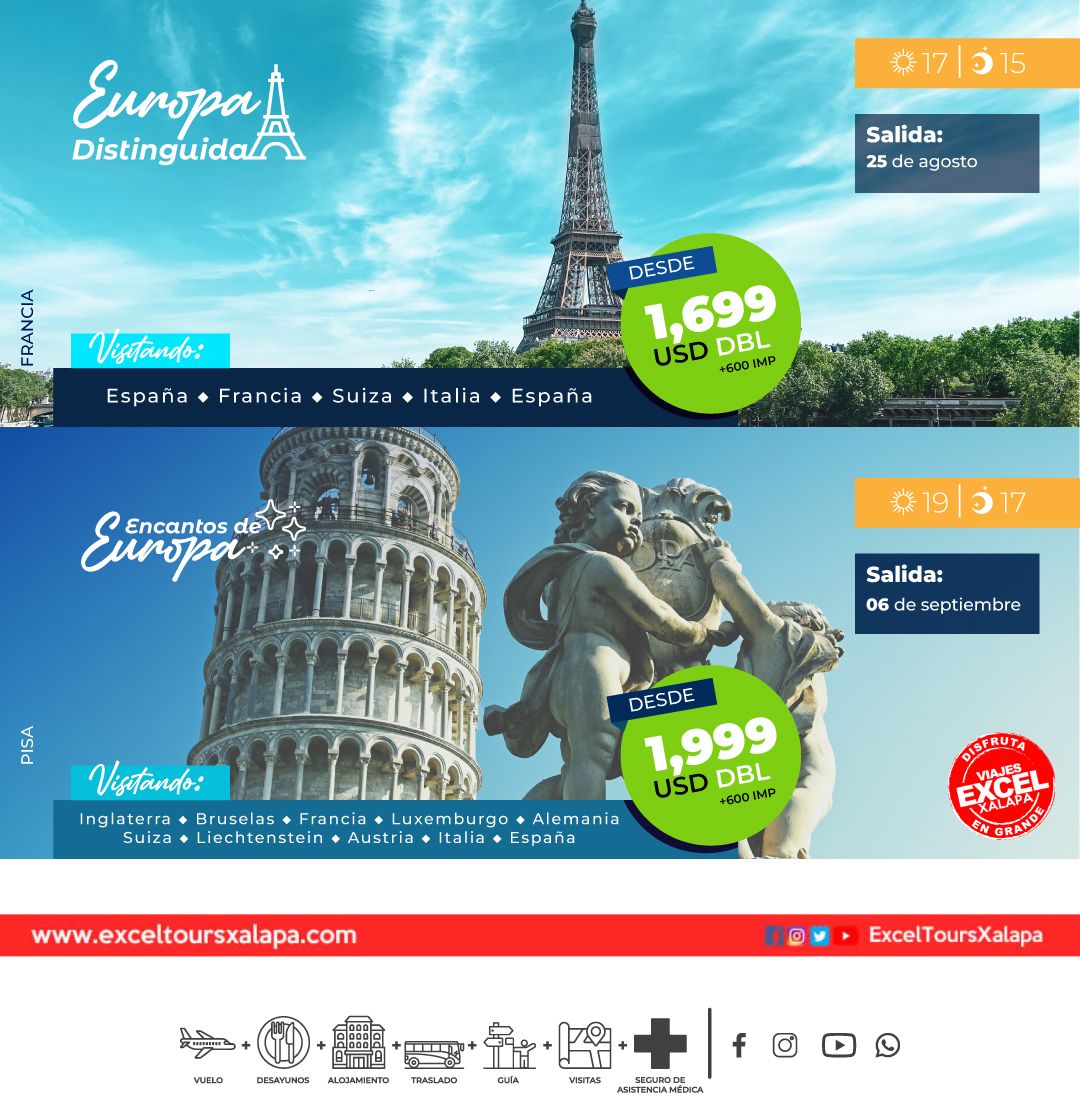 ExcelToursXal's tweet photo. ¡ÚLTIMOS lugares para viajar e EUROPA en Verano!
✅ Europa Distinguida: Salida 25 de agosto
✅ Encantos de Europa: Salida 06 de septiembre
Solicita información a detalle y Reserva YA 👇
https://t.co/Z2EGBmVd5J
#Viajes #Europa #Tours #Xalapa #Veracruz #Coatepec #Exceltours https://t.co/U4lQ9o2YX7