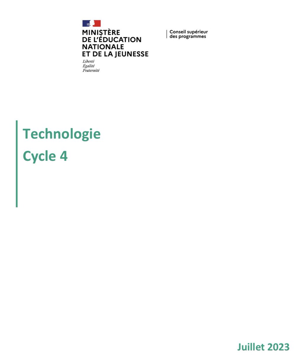 Projets de programme #Technologie #Cycle4 
🔸connaissance des objets et systèmes techniques
🔹dvp des compétences nécessaires à leur conception, leur fabrication et leur bonne utilisation
🔸compréhension de l’environnement numérique + des enjeux 
#CAST
🟢 education.gouv.fr/media/156869/d…