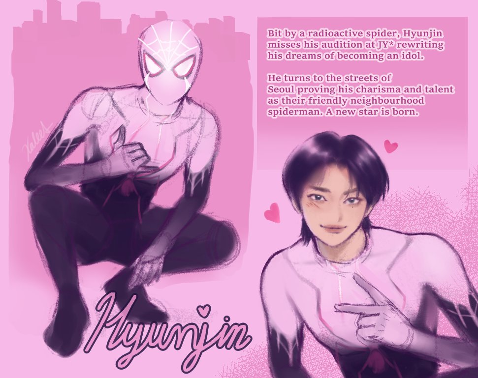 xaleea_'s tweet photo. that's it for me tonight, hyunjin spidersona I'll clean you up when I can.

it's a pink colored world💗
#intotheSKZverse #Straykidsfanart https://t.co/otU2pSMPOb