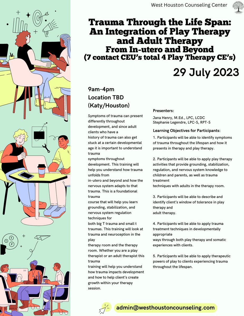 JanaCounselor's tweet image. Register now for Trauma Through the Life Span

CEU: 7 CEUs, 4 Association for Play Therapy CE’s

Sign up: westhoustoncounseling.com/online-courses…

Graduate Students/LPC Associates: $100
Fully Licensed Clincicians: $200

281.940.8515 text or call

#playtherapyceu #lpctraining #therapisttraining