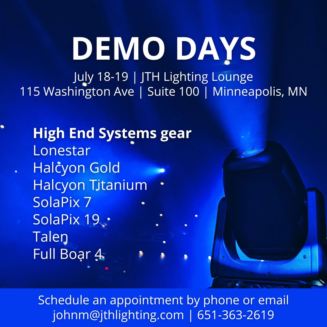 Get your hands on some High End Systems gear in Minneapolis July 18 & 19! Book your demo appointment in advance by emailing johnm@jthlighting.com.