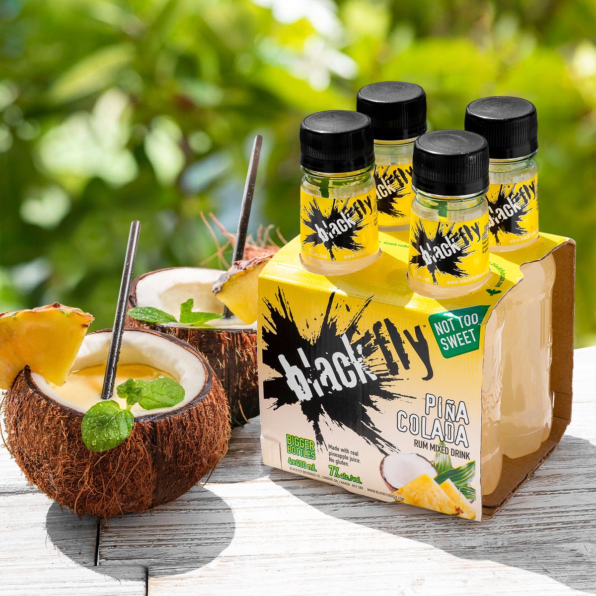 BlackFlyBooze's tweet photo. We’re absolutely cocoNUTS about #NationalPiñaColadaDay! 🍍🥥🌴 Celebrate with CANADA’S #1 PIÑA COLADA - 7% rum, real pineapple juice, and the authentic taste of coconut. FREEZE &amp; SQUEEZE for a tropical treat to start the week! 🍹❄️ #TasteAmazing #NotTooSweet #BetterWithBlackFly https://t.co/M1BXIM0wkw