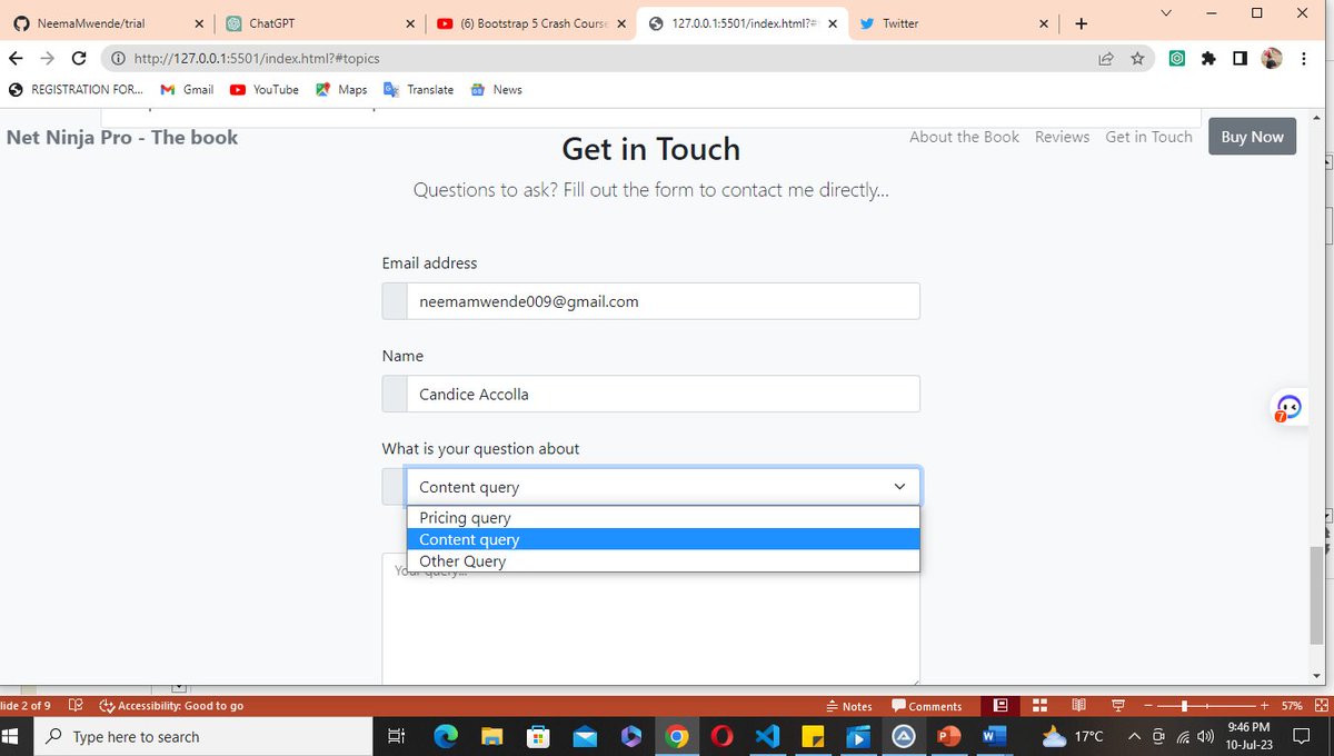 GracePeter1212's tweet photo. Day 15 of #100DaysOfCode, Took a break from making the website and saved it for the weekends.
Continued with my Bootstrap tutorial and learnt about forms and Bootstrap Tooltips. (#TheNetNinja)
#100DaysOfCode #WomenWhoCode https://t.co/Lrq3pX0F7n