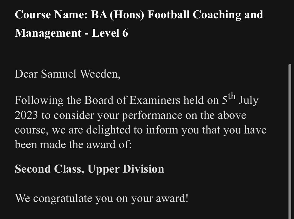 weeden_sam's tweet photo. Delighted to have attained a 2:1 degree, especially alongside 3 years of full time work. Hard work and consistent 5am starts have lead to this. Far from proud of the degree, but I am of the grade nonetheless.

Now onto a PGCE to follow the career I’m passionate about. 

🎓🎓 https://t.co/xrAjIslTlw