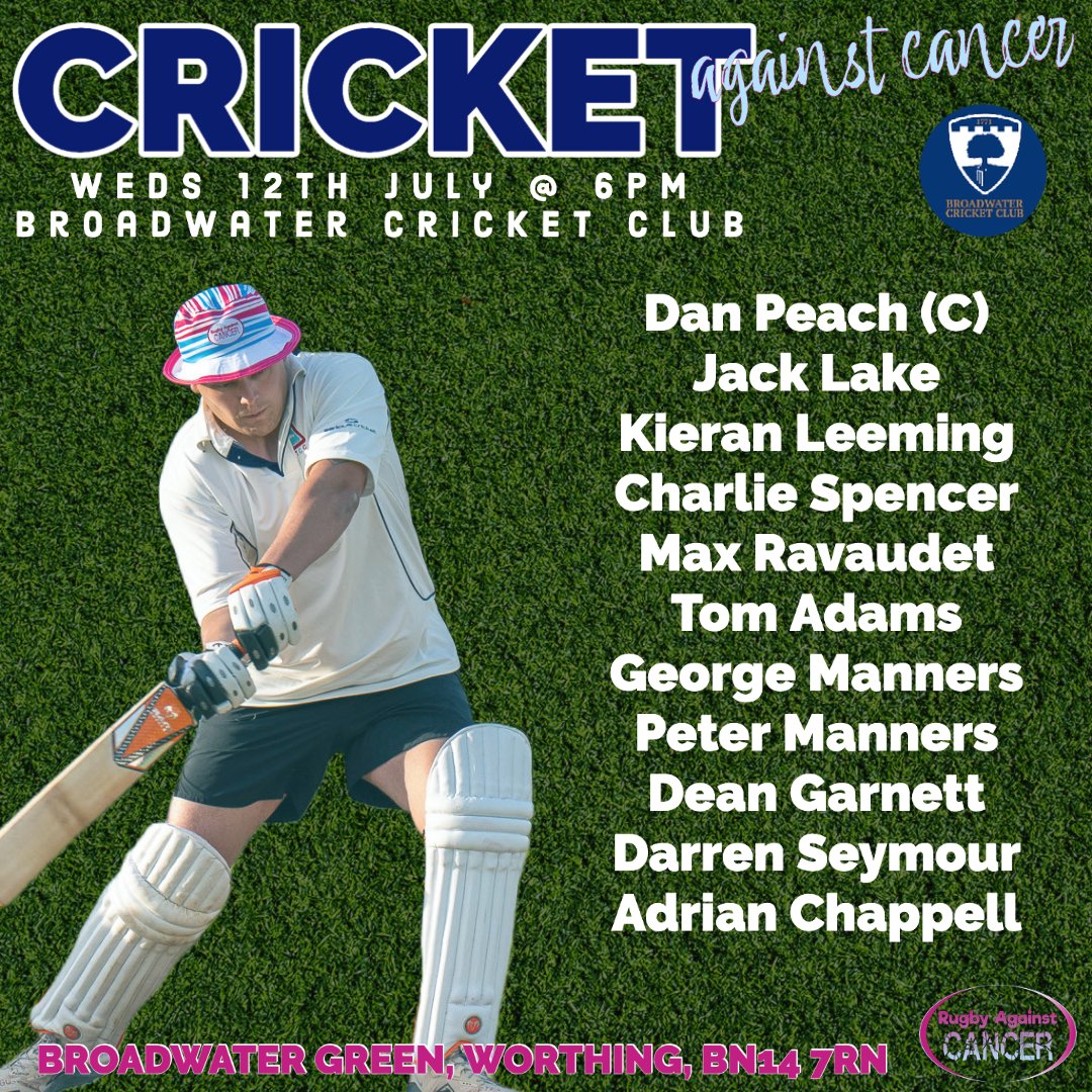 The Rugby Against Cancer team to take on Broadwater Cricket Club in a friendly T20, this Wednesday 12th July @ 6pm!! Head down to watch them! 

There will be sunshine ☀️ (we hope!), wickets, bbq and raffle, plus the bar 🍻 will be open to quench your thirst

#Cricket #Rugby