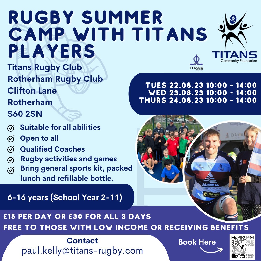 TCFRotherham's tweet photo. Rugby Summer Camps with Titans Players ☀️

A fun day, with rugby activities and games to build on what players have already learnt. 

📆 Tuesday 22nd August 
📆 Wednesday 23rd August 
📆 Thursday 24th August 
⏰ 10:00am - 2:00pm

https://t.co/rCb3xfOgVY https://t.co/jRqbhTnW6S