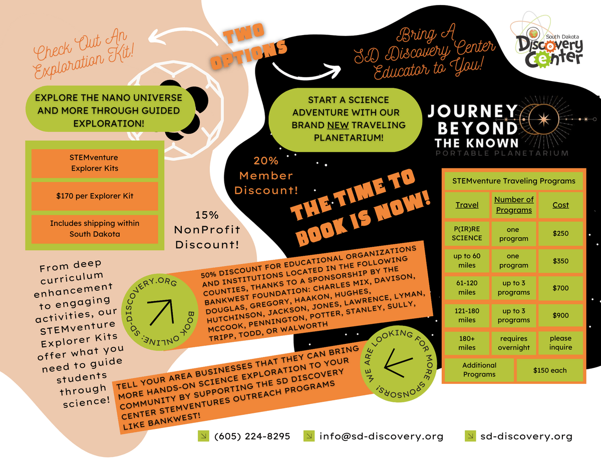 SoDakDiscovery's tweet photo. Come with us on a STEMventure! 

Go to https://t.co/ylhR0B5H9C to book one of our STEMventure Traveling Programs or Exploration Kits, bring a SDDC educator to you to handle everything or choose to DIY. https://t.co/c9VVcsF7Df