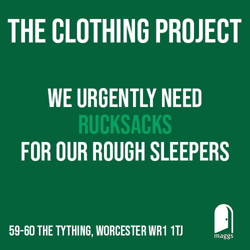 Hi #WorcestershireHour! 👋

Another plea for rucksacks for our Clothing Project!

If you have any unused rucksacks lying around, please get in touch with us at mwhite@maggsdaycentre.co.uk. Thank you! 🤝

#maggsdaycentre #roughsleepers #worcester