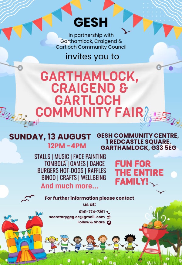 GCGCC_org's tweet photo. 📣 Join us at the Garthamlock, Craigend &amp; Gartloch Community Fair on 13 August 2023 from 12pm to 4pm! 🎉🌈 For more details, visit our Facebook page at https://t.co/1O35H2rkjd or website at https://t.co/9thN8XoZHt. See you there! 
#CommunityFair #Garthamlock #Craigend #Gartloch https://t.co/r66z5NvbaF