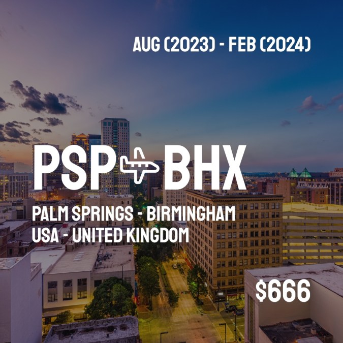 PSPCheapDeals's tweet image. ✈️ Palm Springs (PSP) to Birmingham (BHX) for only $666 (USD) roundtrip 💸
479 live dates on Adventure Machine. - get the app on iOS or Android