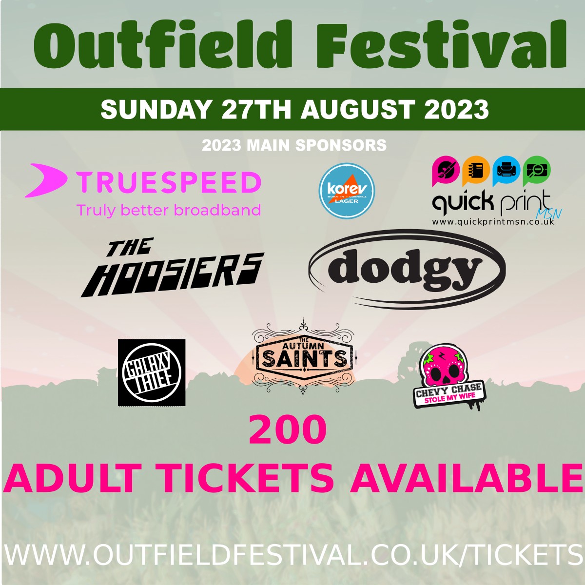 TICKET UPDATE:
Thank you to the thousands of you who have bought tickets to Outfield Festival 2023. We now have 200 adult tickets left. These will sell out so do not delay. Kids tickets are also very low and will be sold out soon.
outfieldfestival.co.uk/tickets