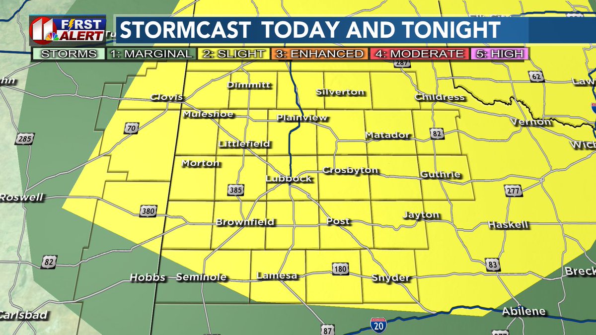 JohnRobisonKCBD's tweet photo. Scattered strong to severe storms are expected to return to the South Plains later afternoon and this evening. The storms will have the potential for large hail and winds from 60-70 mph. Tornado development is a low probability but is not ruled out. https://t.co/7lhQtC0owO