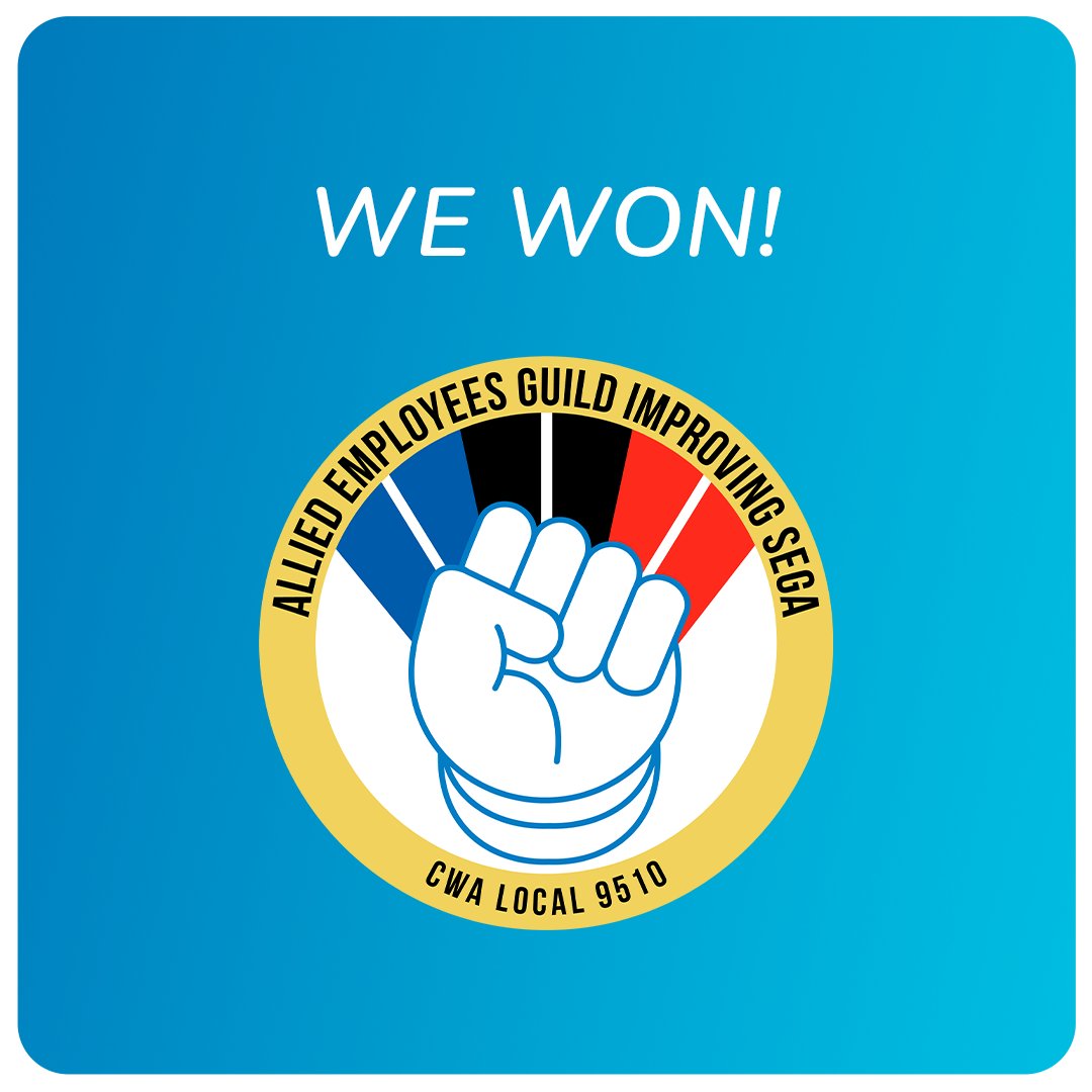 WE WON!

We just won our union election 91-26.

Our 200+ member union is now the LARGEST multi-department union of organized workers in the ENTIRE gaming industry.

So excited to celebrate this win &amp; head to the bargaining table w/ <a href="/SEGA/">SEGA</a> to continue building this company we love!