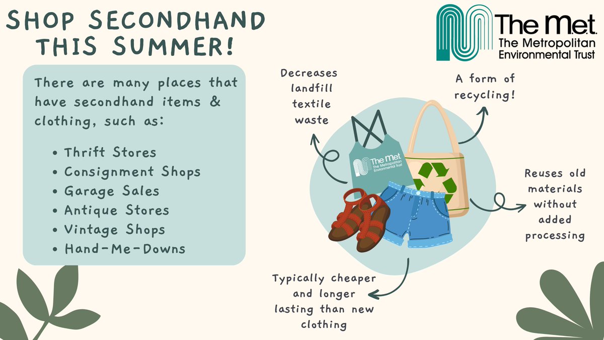 MetRecycle's tweet image. Try shopping secondhand for new summer clothes, it's a great way to reduce your impact on the world's resources and emissions! #thrift #shopsecondhand #secondhand #recycling #reuse #recycle