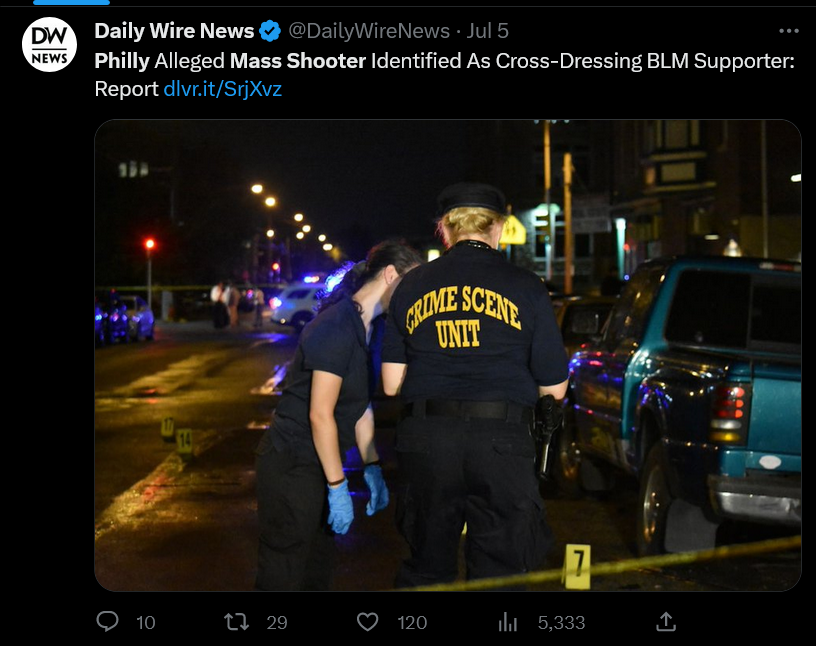 GaysForTrump's tweet photo. WATCH THIS LIE: Harry Sisson (@HarryJSisson) said in his latest podcast today with @chrisdmowrey that the #Philedelphia Mass Shooter was a Trump Supporter!
They were in fact a TRANS #BlackLivesMatter #BidenSupporter Stop with the lies!
https://t.co/NCdfQpahbS https://t.co/1qJHsJa9UF