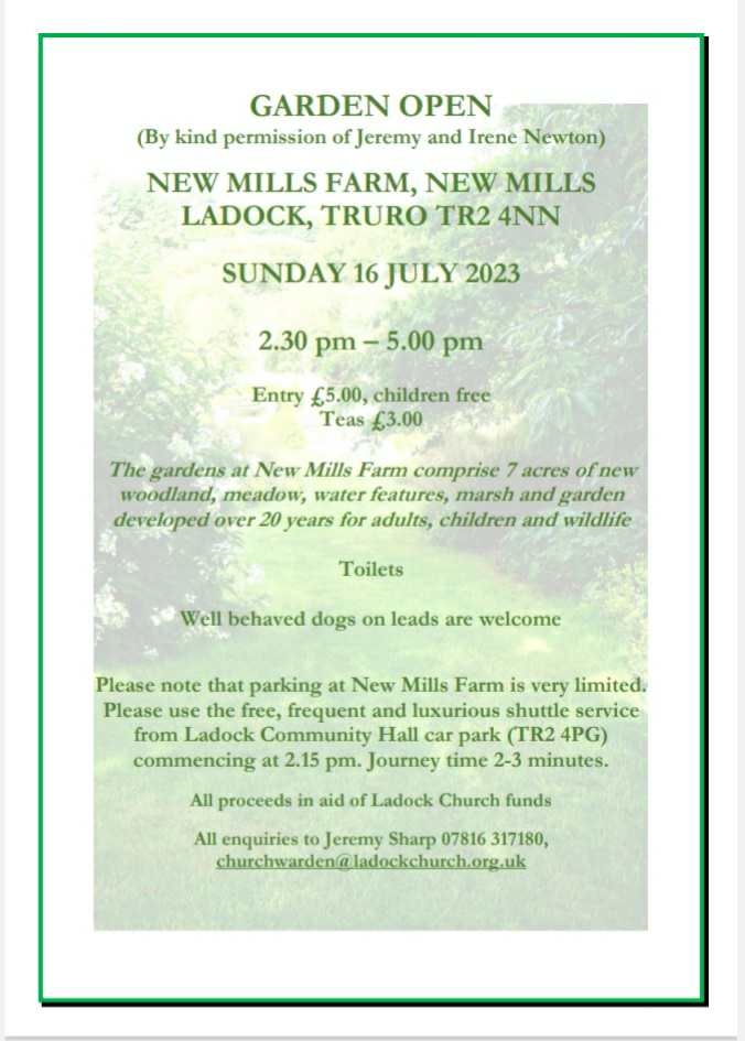 LadockWI's tweet photo. Open Garden in New Mills Farm on Sunday, 16 July 2023, 2:30pm to 5:00pm. Entry £5.00, children free. Teas £3.00. #LadockWI #LadockWomensInstitute #CornwallFederationOfWomensInstitutes #CFWI #Cornwall #WomensInstitute #WI #EmpoweringWomen #InspiringWomen #UK https://t.co/llsHqN3A9S