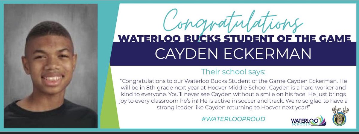 WaterlooSchools's tweet photo. Congratulations to our Waterloo Bucks Student of the Game Cayden Eckerman. He will be in 8th grade next year at Hoover Middle School. Cayden is a hard worker and kind to everyone. You’ll never see Cayden without a smile on his face! He just brings joy to every classroom he’s in! https://t.co/KLvZrYAVnD