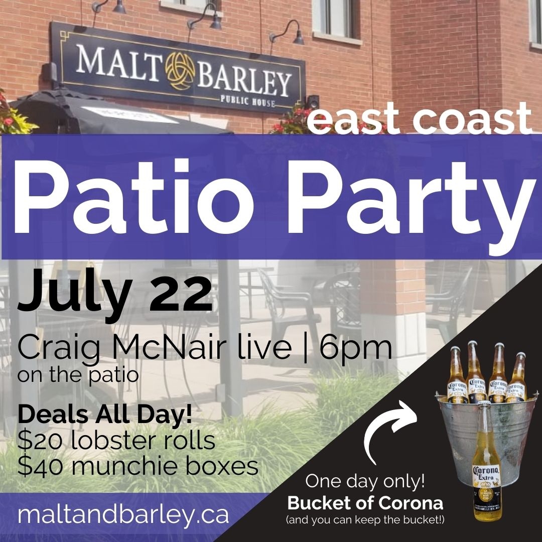 The Patio Party is coming up July 22!
Buckets of Corona, live music from Craig McNair, and awesome deals on munchie boxes &amp; lobster rolls.
First come, first served.
See you soon!

#drinklocal #eatlocal #patioparty #yourlocalpub #kwawesome #coronabucket #supportlocal