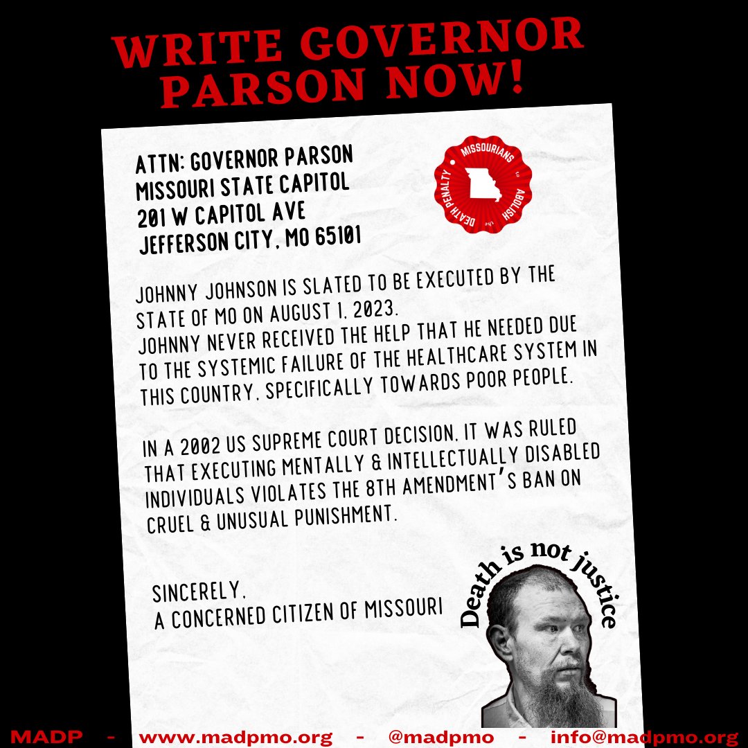 MADPMO's tweet photo. 🚨Another #KillingTuesday is upon us🚨
In 3 weeks on Aug. 1st, the state of Missouri is set to execute #JohnnyJohnson, the 4th person this year. How you can support by contacting Gov Parson:
✍️ Write
📲 Call
📩 Email
💻 Tweet
Don't forget to sign & share https://t.co/75OpLzfXWF https://t.co/q1JqLcM0f2