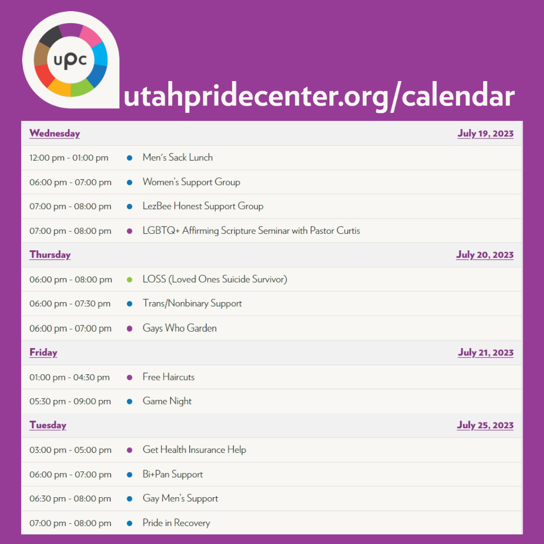 Did you know that the #UPC offers daily social and support groups for the #LGBTQ+ community? Check out the calendar on our website to learn about groups, events, and schedules! 
Visit utahpridecenter.org/calendar or follow the link in our bio for more!