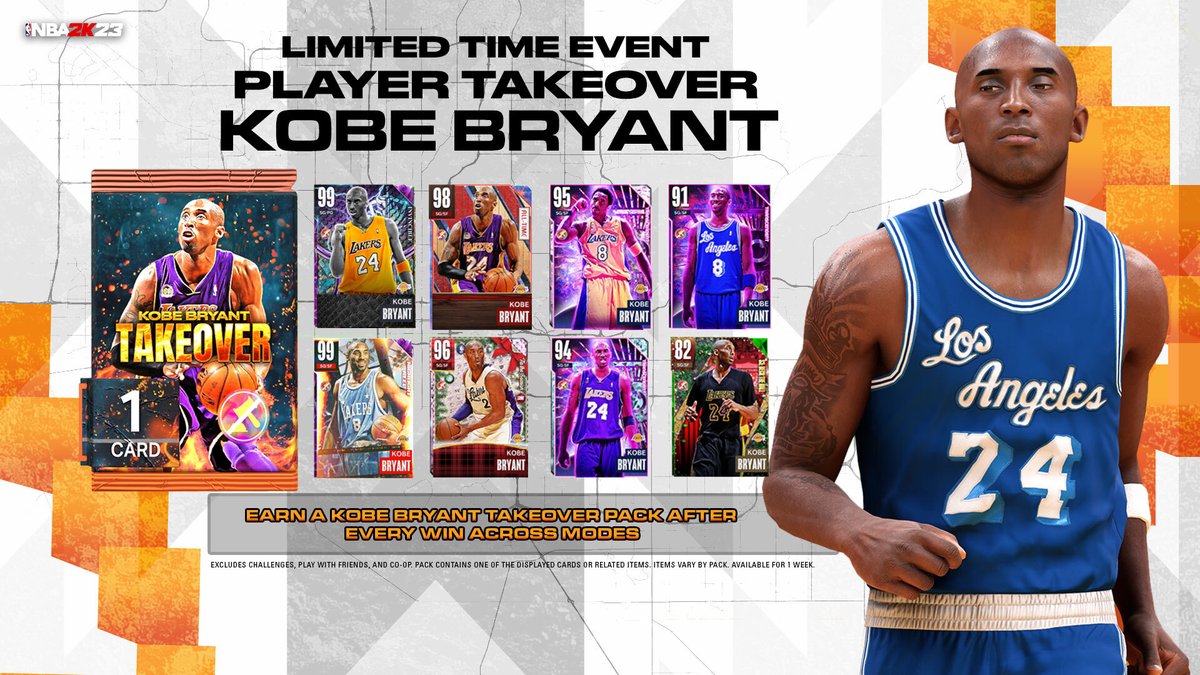 NBA2KMyTEAM's tweet photo. Limited Time Event: Kobe Bryant Takeover ❗️

Starting tomorrow, after every win across modes get a Kobe Bryant card or related item!

Available for 1 week https://t.co/pOU6ttljd7