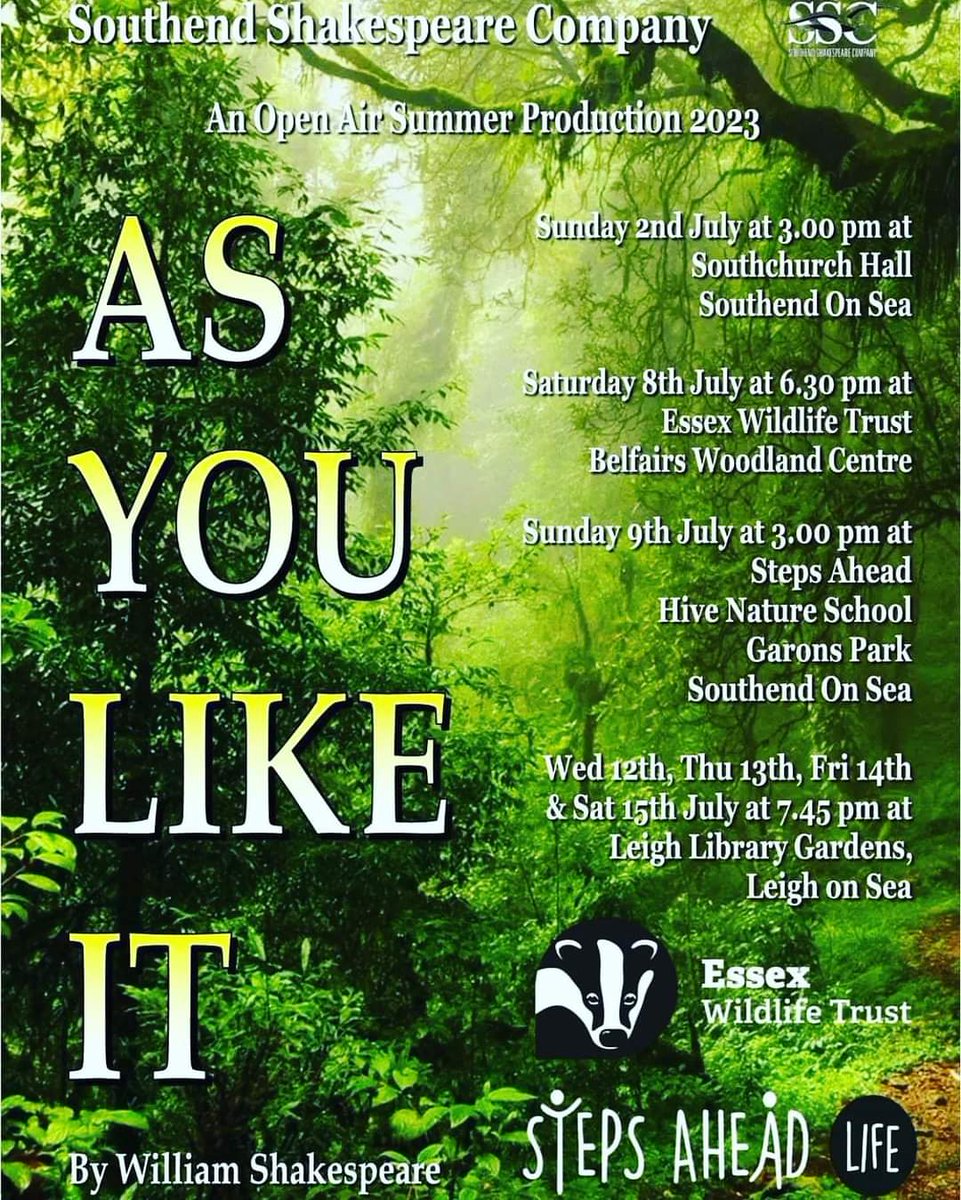 AliceERyan's tweet photo. Really enjoyed @SouthendShakes1
AS YOU LIKE IT at #StepsAhead nature school this weekend https://t.co/5lbXnPNu1o #Garons #Southend
Fab show!
You can see it this week
🎭 #LeighLibraryGardens 12, 13, 14 & 15 July @ 19.45
#SouthendShakespeareCompany https://t.co/xwlqzHg9Lk https://t.co/BwZJkU2RYw