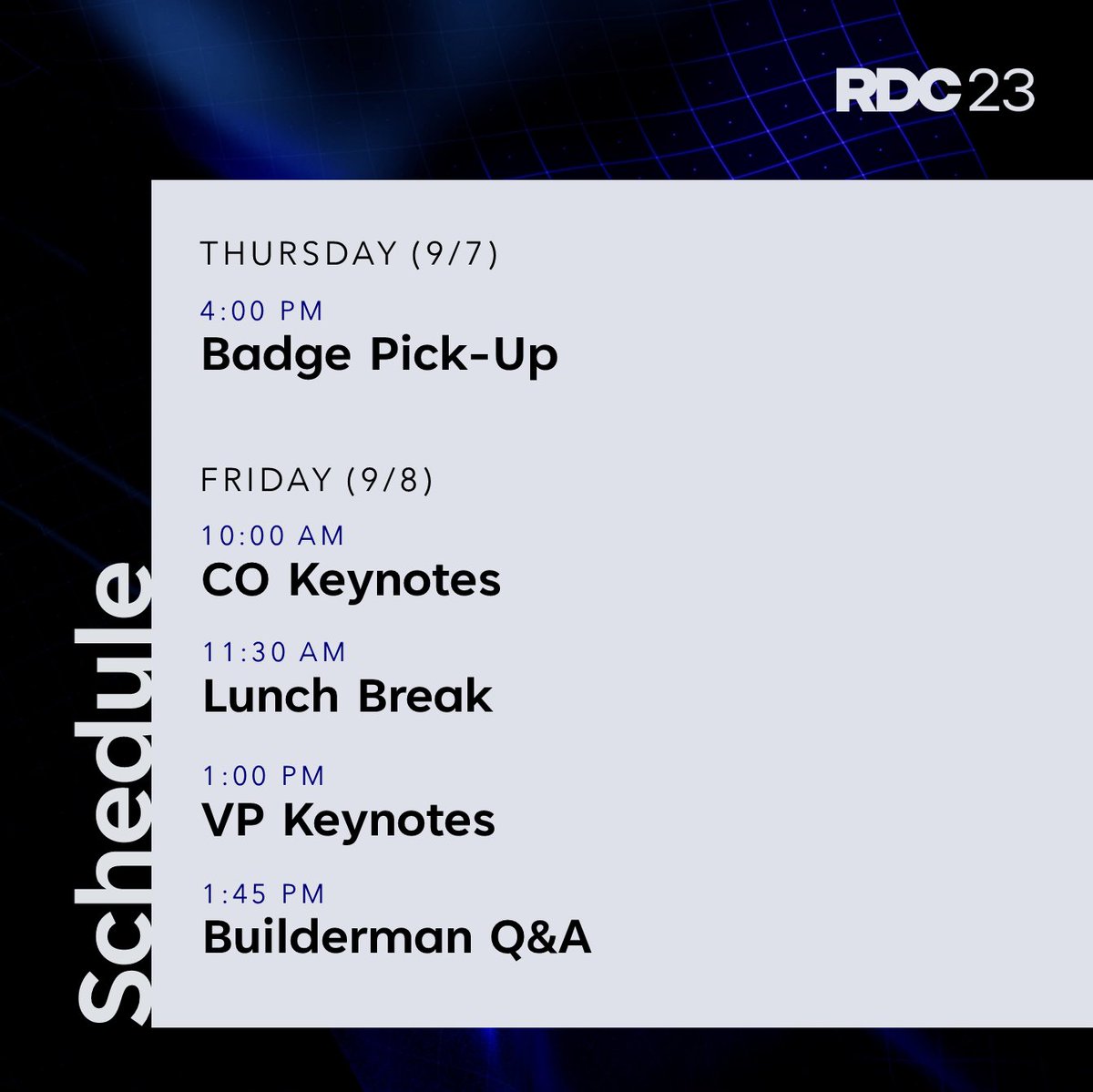 Bloxy_News's tweet image. Day 1 of #RDC23 officially kicks off in a few hours! Here&apos;s the agenda for the next few days, including keynotes, breakout sessions, and more.

View the full schedule: rdc23.fnvirtual.app/a/schedule/