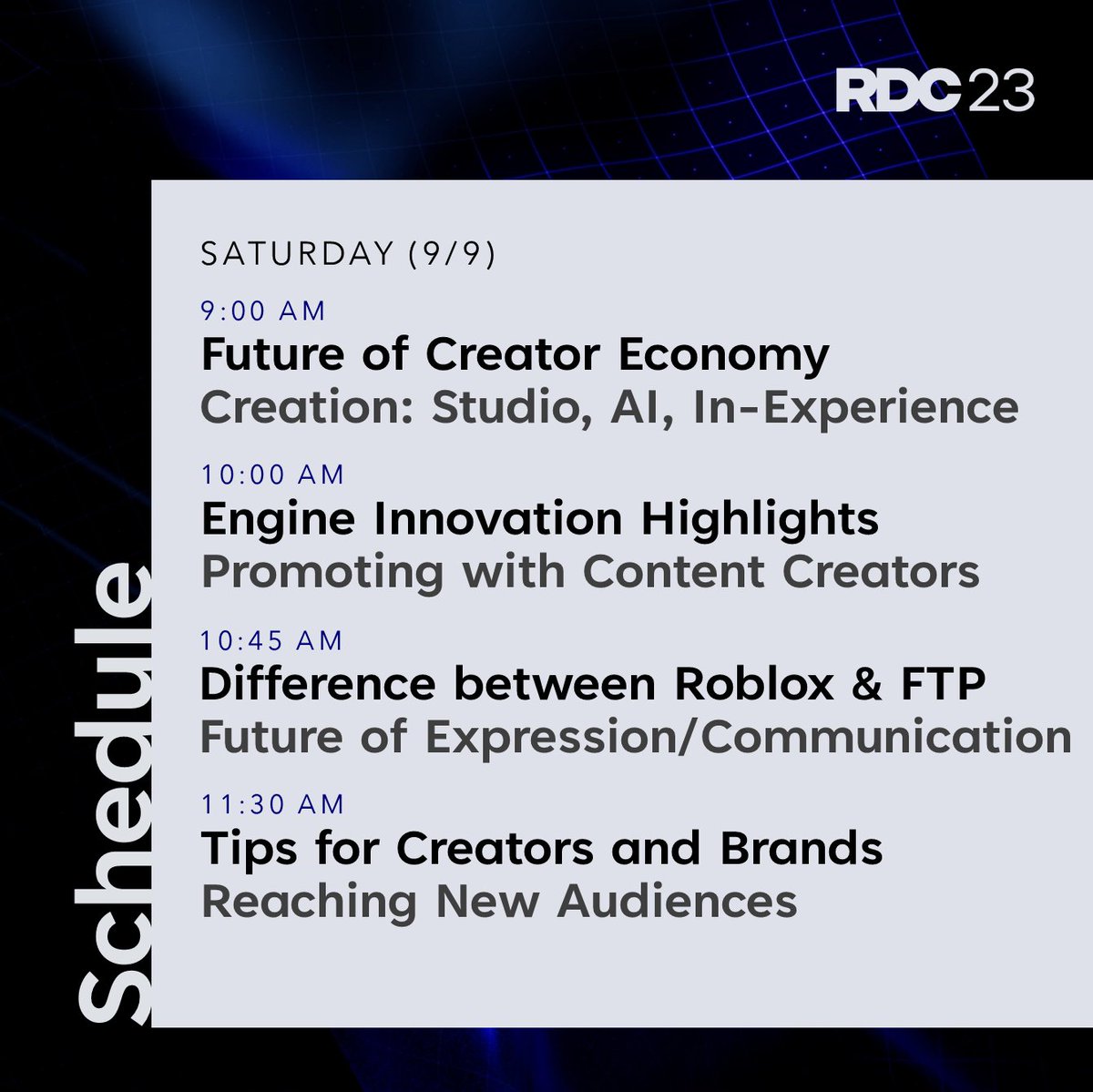 Bloxy_News's tweet image. Day 1 of #RDC23 officially kicks off in a few hours! Here&apos;s the agenda for the next few days, including keynotes, breakout sessions, and more.

View the full schedule: rdc23.fnvirtual.app/a/schedule/