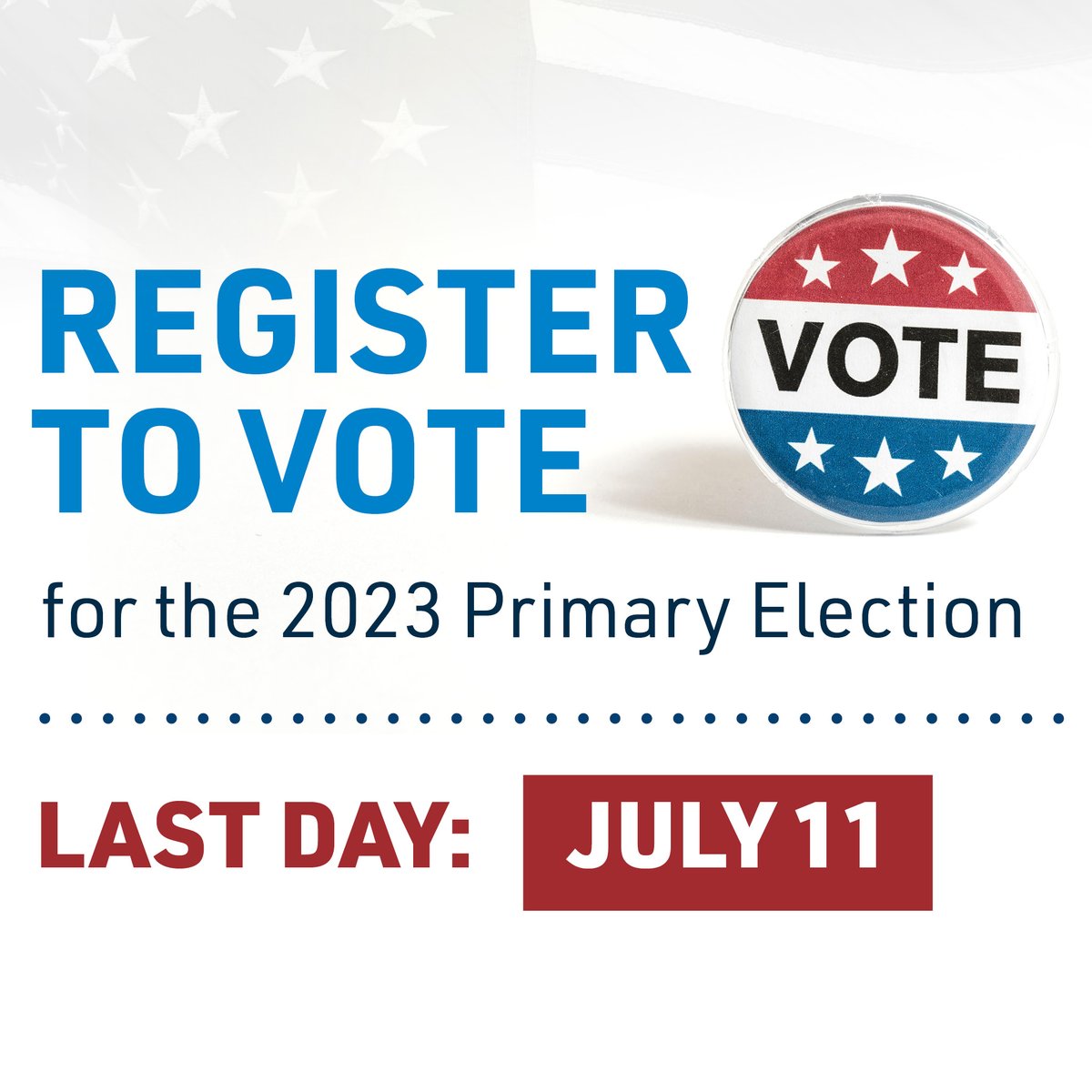 The last day to register to vote for the 2023 Primary Election is July 11. There are three ways you can get registered, in-person, online and by mail. Get registered today!

https://t.co/BDmsIV3BHO.

@SedgwickCounty
#SedgwickCountyElections https://t.co/98WXfnqMkL