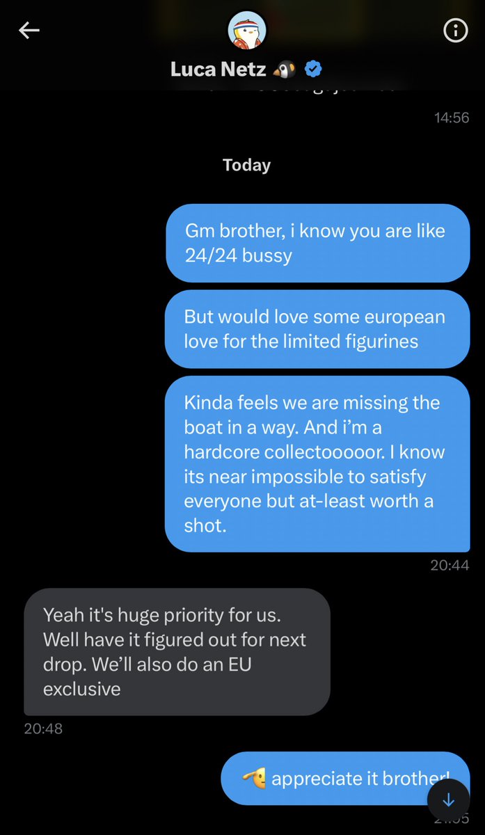 I think a lot of projects can learn from how <a href="/LucaNetz/">Luca Netz 🐧✳️</a>  + team of <a href="/pudgypenguins/">Pudgy Penguins</a> are communicating. 

This is how propper communication is done even tho they work 12 hour days, a founder still reaches out within 6.9 minutes on a relatively “small” issue. 

Take notes.