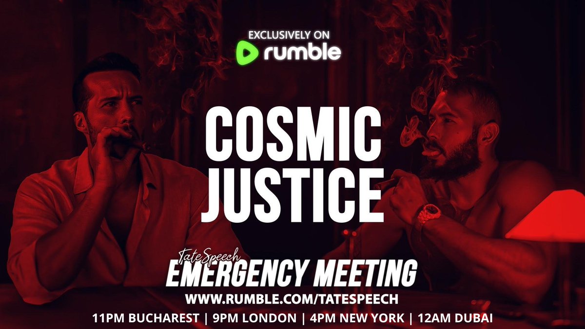 Cobratate's tweet photo. EMERGENCY MEETING. COSMIC JUSTICE

Live tomorrow, July 11 at 11pm Bucharest time

Watch it live on Rumble:
https://t.co/6K32F6Vuxw https://t.co/f9r8kWAv1c
