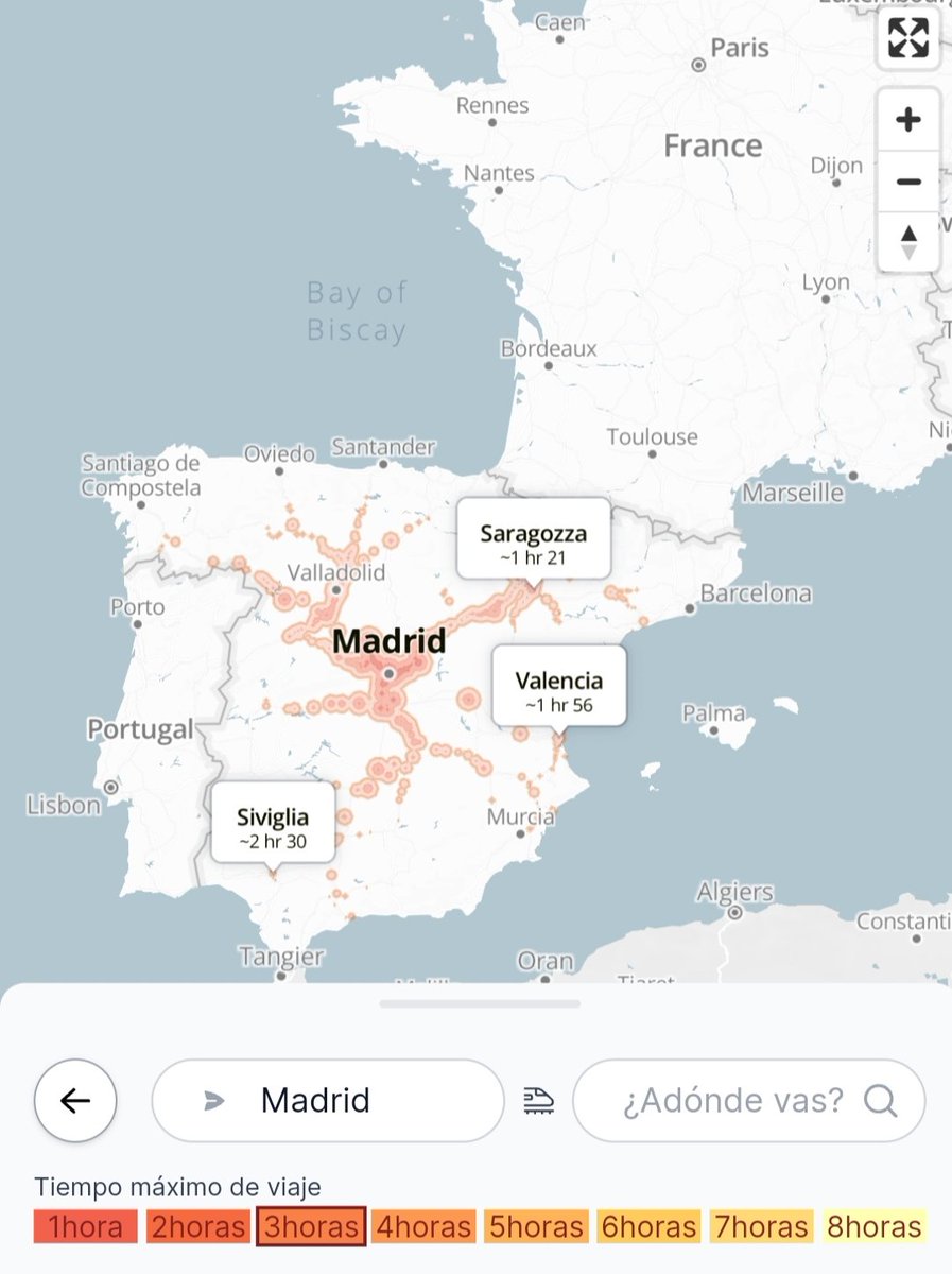 ringare's tweet photo. Muy interesante esta aplicación web que permite ver el alcance de las líneas ferroviarias europeas. Dos ejemplos, la cobertura de Teruel y Madrid en trayectos menores de 3 horas https://t.co/xJtFWJXA6R