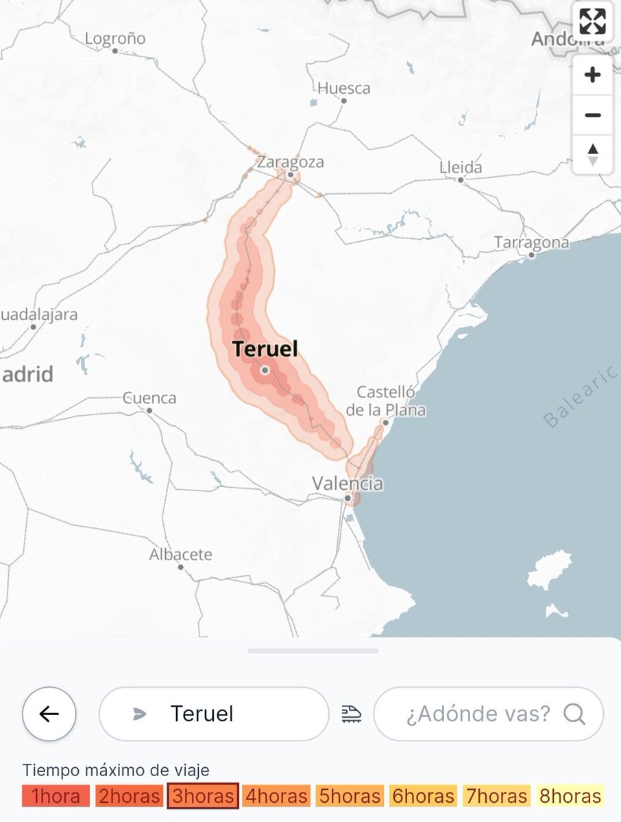 ringare's tweet photo. Muy interesante esta aplicación web que permite ver el alcance de las líneas ferroviarias europeas. Dos ejemplos, la cobertura de Teruel y Madrid en trayectos menores de 3 horas https://t.co/xJtFWJXA6R