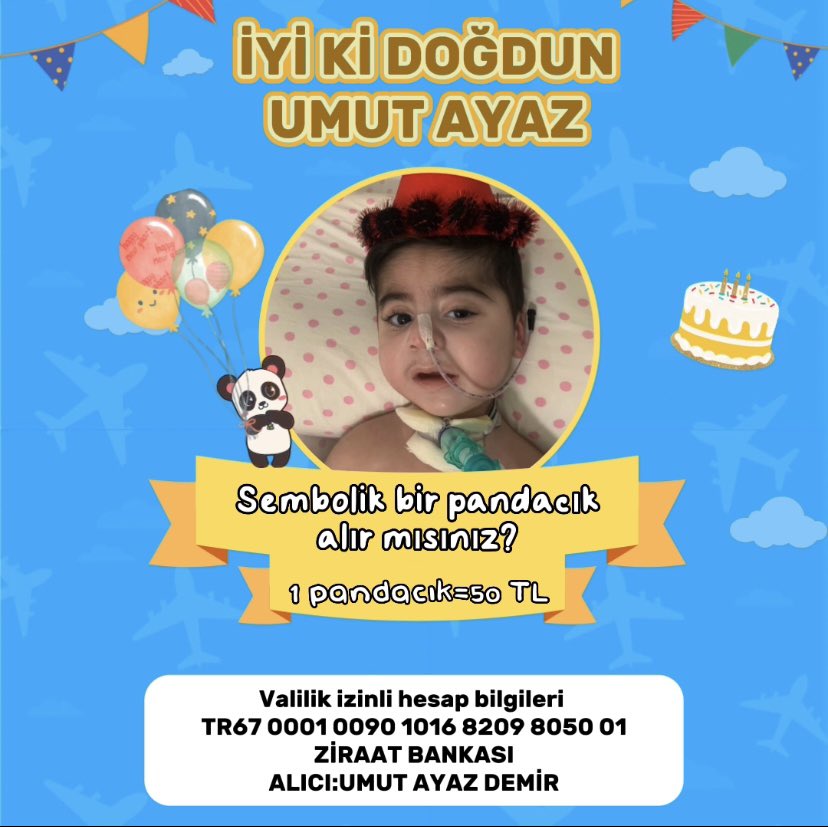 Bugün Umutumuzun doğum günü🎉
Bu hastalıkla geçirdiği 2. doğum günü.Sonraki doğum gününde diğer çocuklar gibi koşup oynaması,sağlığına kavuşması için sembolik bir pandacık bağışlar mısınız?
Mertens Mustafa Sandal #baskayerdearama Bülent Şakrak Ceyda Düvenci #Barbie <a href="/HazalKaya110/">Hazal Kaya</a>