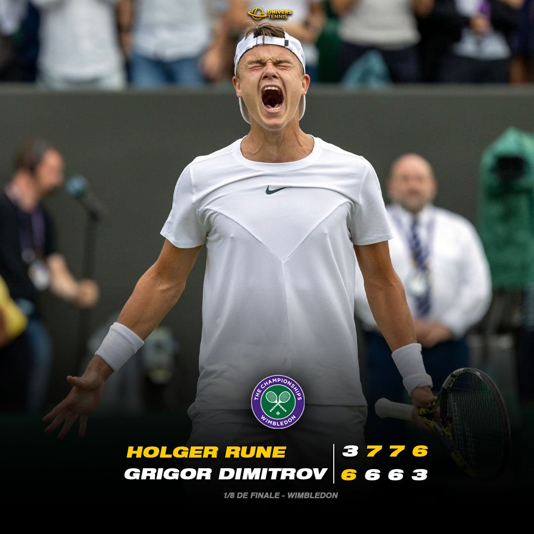 UniversTennis's tweet photo. PREMIER 1/4 À #WIMBLEDON POUR HOLGER RUNE

Après avoir sauvé deux balles de match au 3e tour, le n°6 mondial élimine Grigor Dimitrov après un gros duel et atteint le 3e 1/4 de finale de sa carrière en Grand Chelem, le premier hors de Roland-Garros. 💎🇩🇰 https://t.co/3DYPY1AAZl