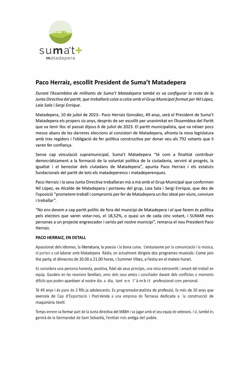 sumatmatadepera's tweet photo. Paco Herraiz, escollit President de Suma’t Matadepera
Durant l’Assemblea de militants també es va configurar la resta de la Junta Directiva del partit, que treballarà colze a colze amb el Grup Municipal format per Nil López, Laia Sala i Sergi Enrique. @AjMatadepera @nil_lopez https://t.co/M9xz6rxgGe